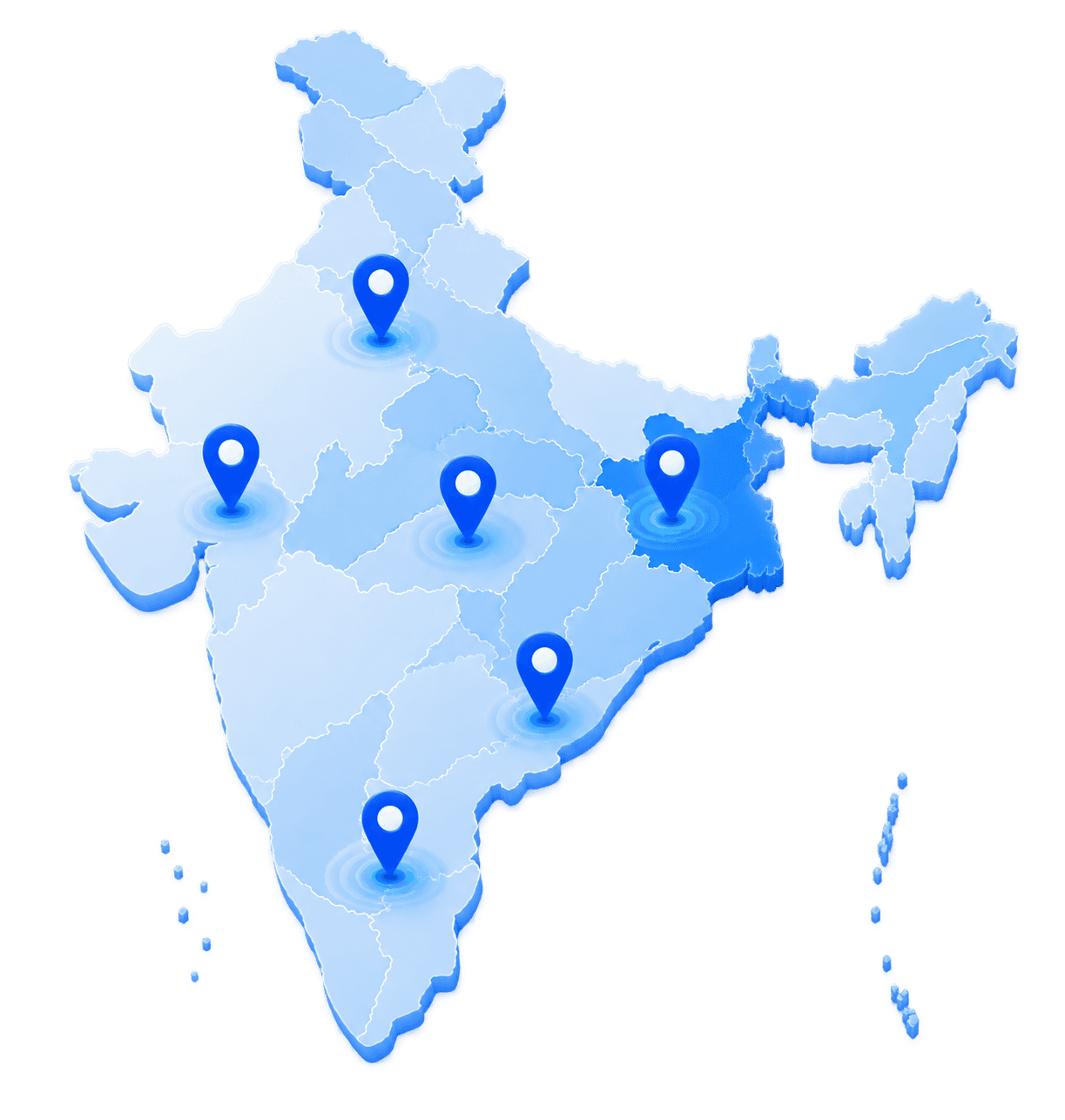 A map of India with location pins marking cities across the country